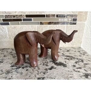 2 Vintage Hand Carved Wooden Elephants Figurine Sculpture